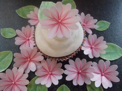 34 Stück 3D Essbar Rosa Gänseblümchen Blumen und Blätter Oblate Papier Kuchen/Cupcake Topper
