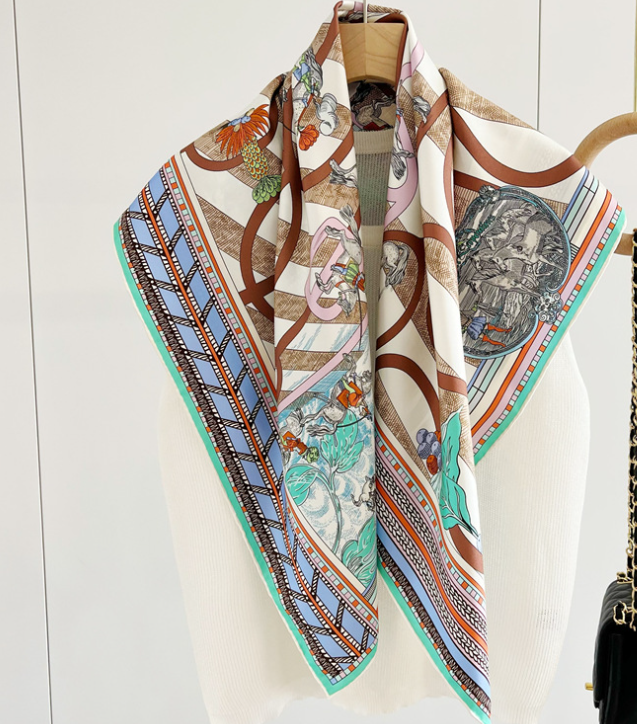 Pure 18 Momme Twill Silk Wrap Scarf Bandanna knight Print Square Shawl 35'’new