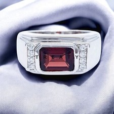 Garnet Emerald Cut Gemstone With 925 Sterling Silver Ring For Men's 513