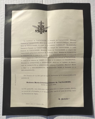 FAIRE PART DECES 1871 Athanase Marie Emmanuel Adrien MARQUIS DE