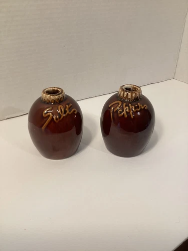 Vintage HULL Pottery Salt & Pepper Shakers Brown Drip Glaze Oven Proof USA