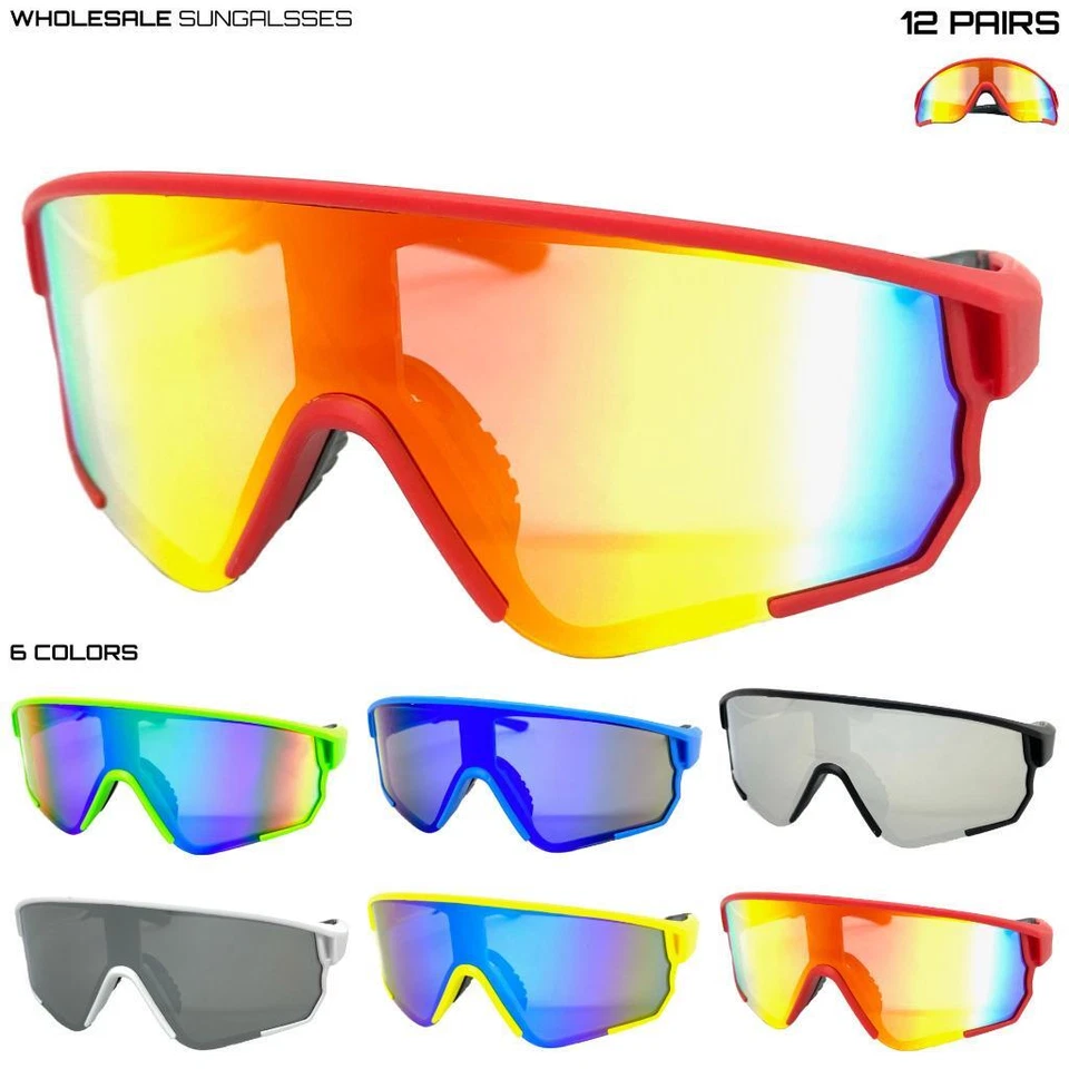 WHOLESALE LOT Men Oversized Sports Wrap Biker Cycling Shield SUNGLASSES 12 Pairs