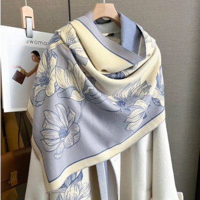 Kaschmir  Wolle 185x60 Schal beige blau Winter Damen Wollschal Kaschmirschal