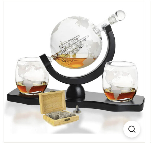 The Wine Savant Globe World Whiskey Decanter Set Mahogany Wood 2 Globe Glasses
