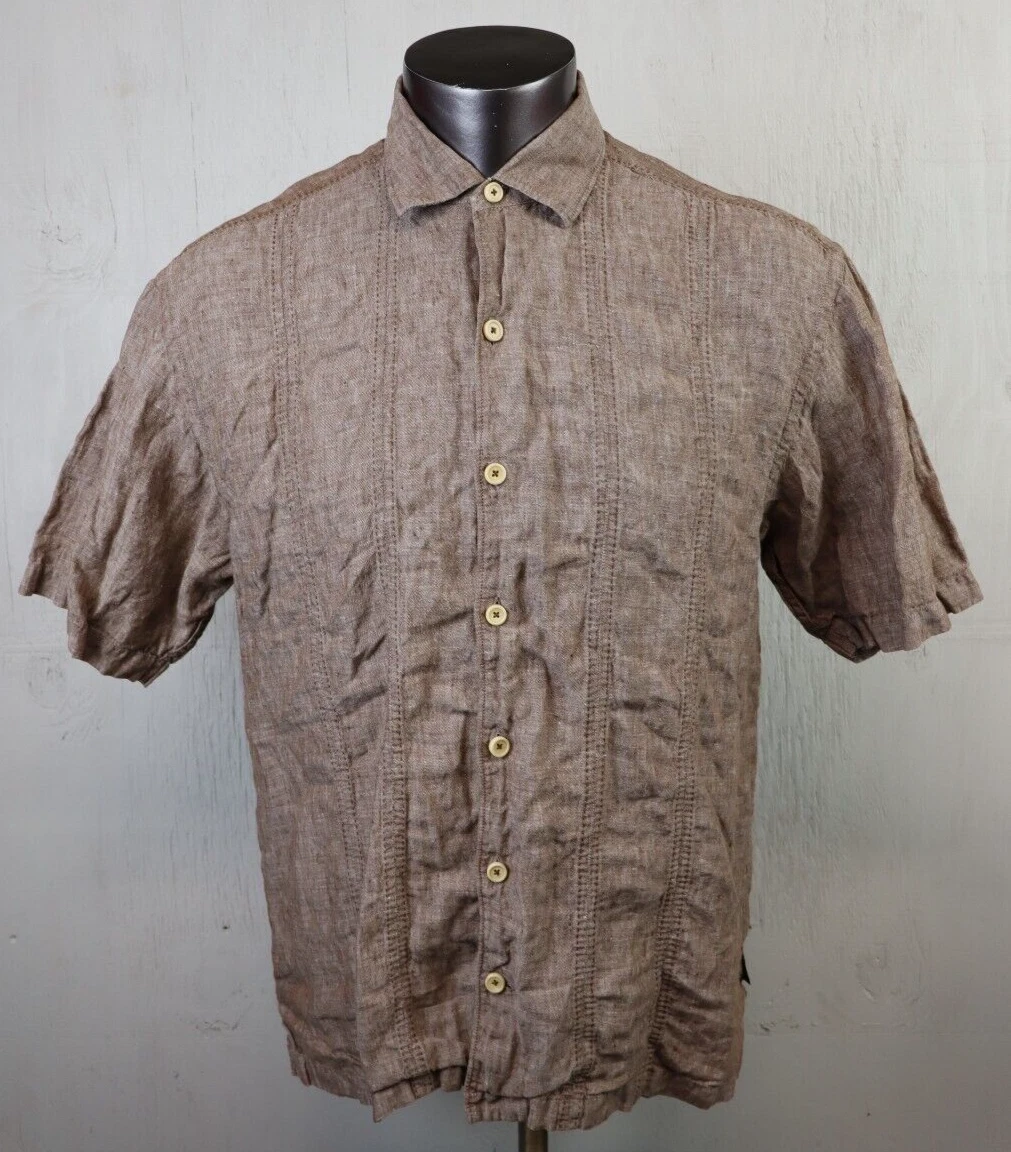 Tommy Bahama Short Sleeve Button Front Shirt Linen Solid Mens Size Large L Brown