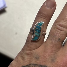STERLING SILVER NATIVE AMERICAN VTG TURQUOISE INLAID SWIRL RING SZ 8 1/4 .925