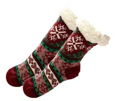Womens Thick Knit Sherpa Fleece Slipper Socks Colorful Base White Snowflake 9-11