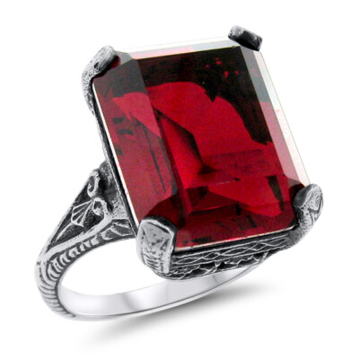 DEEP RED VINTAGE STYLE 925 STERLING SILVER SIMULATED RUBY FILIGREE RING    #1193