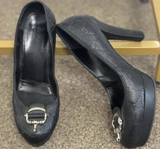 Gucci women heels black leather logo metal buckle stiletto pumps 38.5