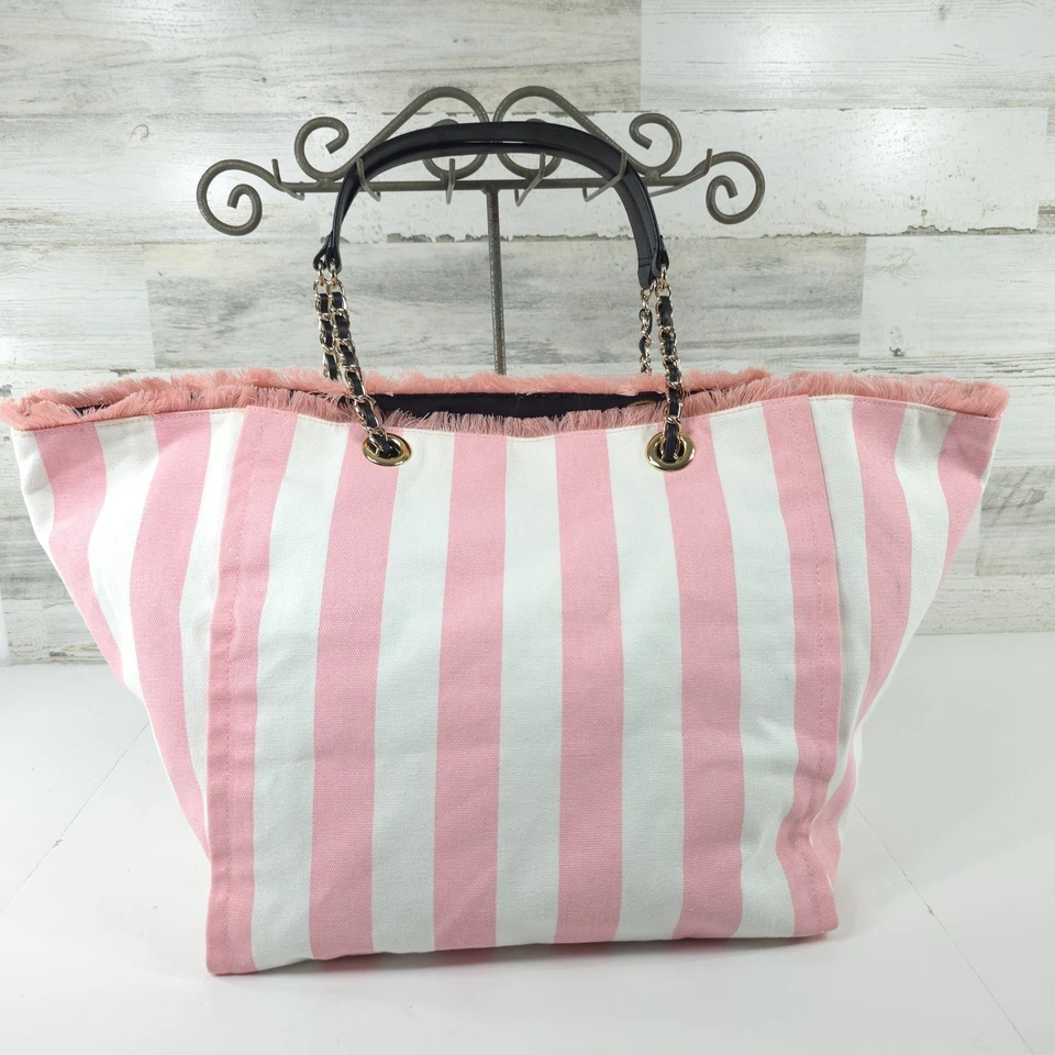VICTORIA'S SECRET LARGE TOTE BAG STRIPED PINK WHITE BLACK CHAIN DOUBLE HANDLES.. - Image 2 of 4