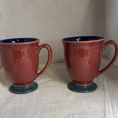 Denby England Footed Coffee Mugs Cups Set Of 2 Harlequin Blue Red Green Speckled