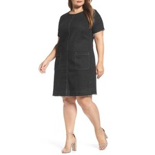 Two by Vince Camuto | XL | Black Wash Stretch Denim Released Hem Shift Dress