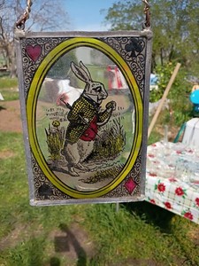 Antique Alice In Wonderland White Rabbit Stained Glass Suncatcher 5 In By 8 In