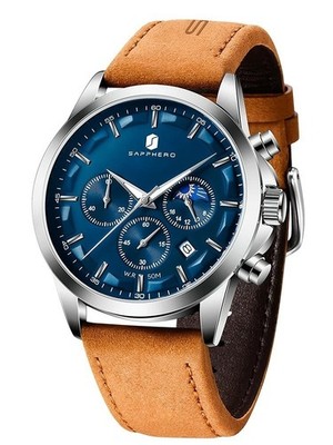 SAPPHERO Herren Uhr Chronograph Leder 5ATM Datum Leuchtzeiger Business