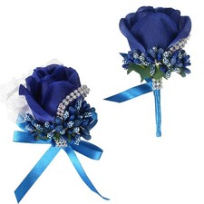 2 PCS Rose Wrist Corsage Bridesmaid Boutonniere Set Wedding Prom Party Blue