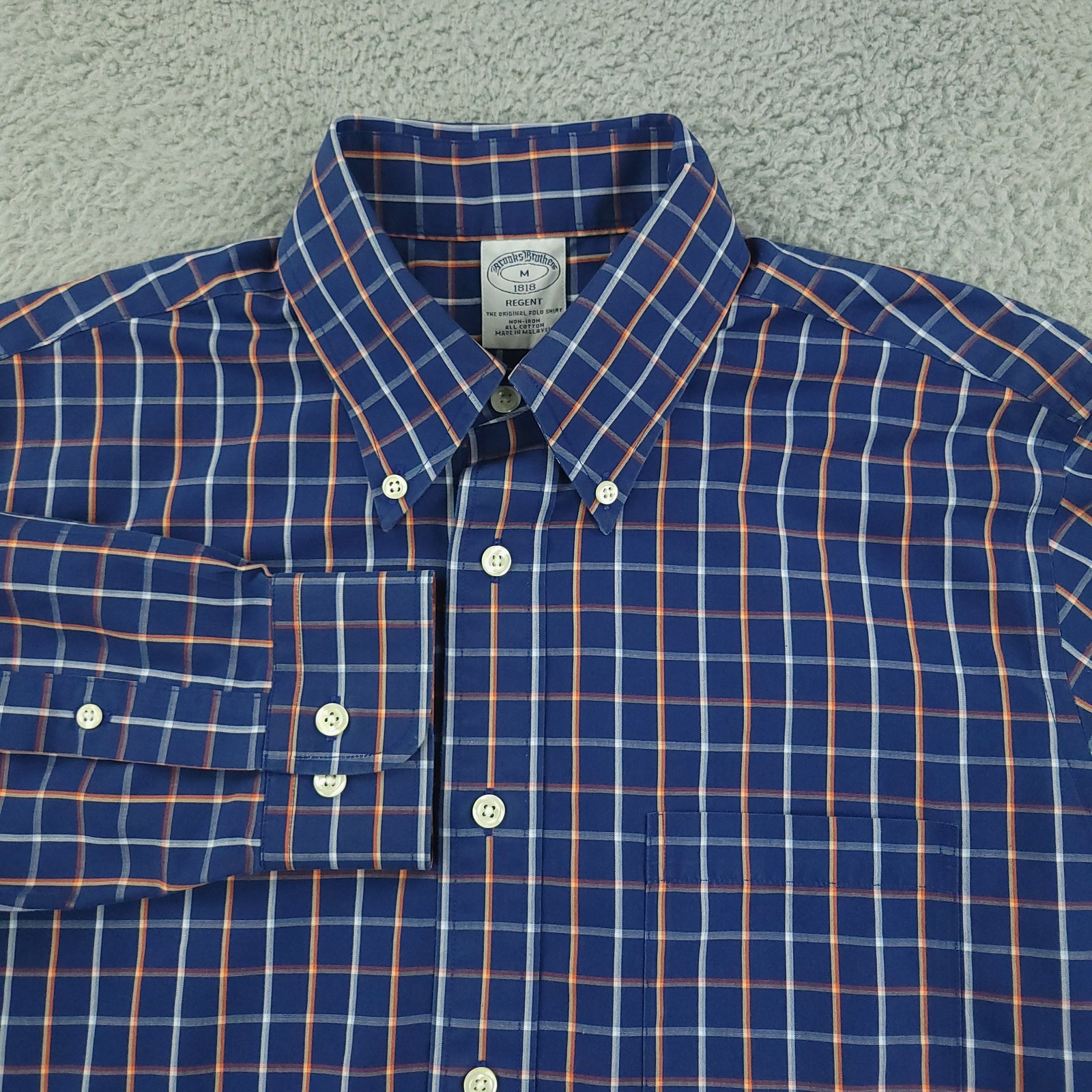 Brooks Brothers Shirt Mens Medium Blue Orange Plaid Regent 1818 Non Iron Cotton
