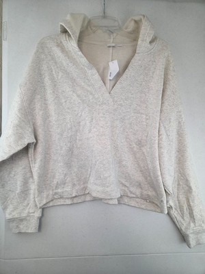 Gap Women's Medium Pale Grey Heat Relaxed Fleece V-Neck Hoodie NWT $59.99
