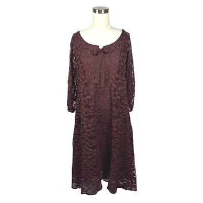 Garnet Hill Brown Plum Floral Lace Shift Dress Size 12 Bow Neck 3/4 Sleeve Lined