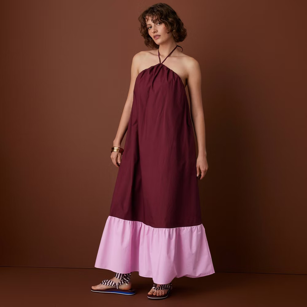 rosie assoulin halter dress Women's Flounce Colorblock Maxi - Burgundy/Pink TRENDY DRESS