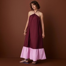 Rosie Assoulin Women Halter Flounce Colorblock Maxi Dress - Burgundy/Pink