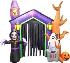 8.5 Foot Halloween Inflatable Haunted House Castle W/ Skeleton Ghost Skulls