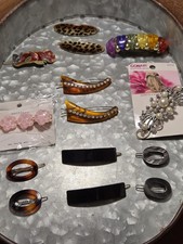 HUGE LOT OF 14 NEW  VINTAGE BARRETTES, 5 PAIRS: CLOISONNE, RHINESTONES, LUCITE