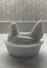 Vintage Milk Glass Chicken Hen on Nest Covered Dish - Turned Head White