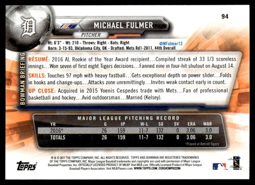 2017 Bowman Michael Fulmer Detroit Tigers #94 - Picture 2 of 2