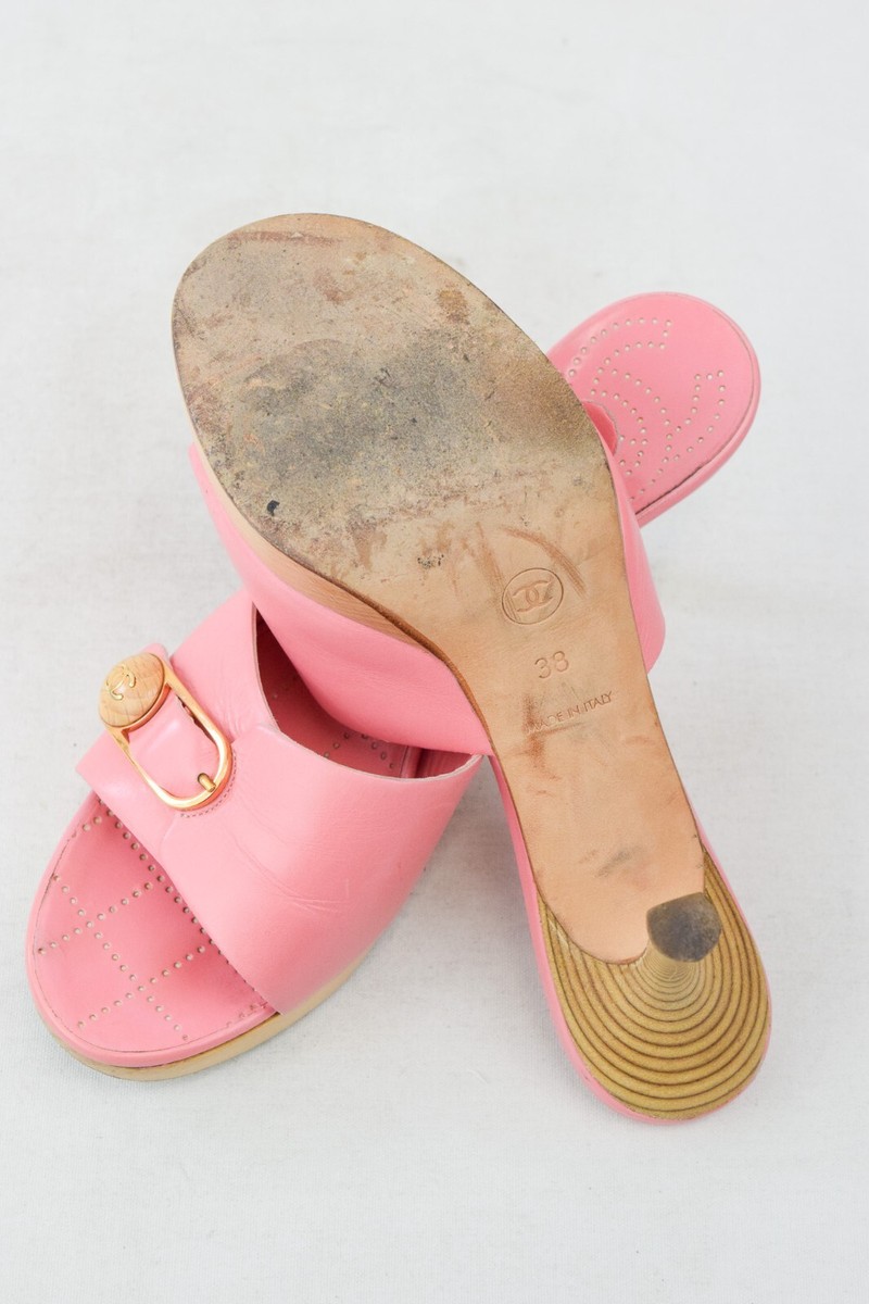 CHANEL Leather Open Toe Mules Heels 38 7 Pink Buckle CC Logo