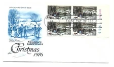 1703 Christmas 1976 Winter Pastime by N. Currier ArtCraft plate block FDC