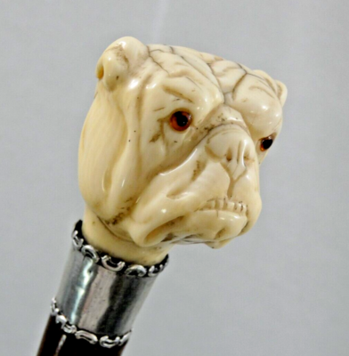 パグ EXCEPTIONAL ANTIQUE WALKING CANE STICK HAND CARVED BULLDOG DOG