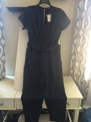 Womens Express Leopard Jaquard Wrap Jumpsuit Navy Crop Wide Leg Pants  Petite Xs