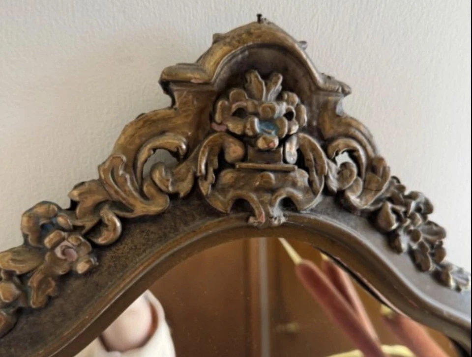 Original Antique Mirror Carved Wood Hollywood Regency 22x14 Gold Sheen Elegance - Image 3 of 4