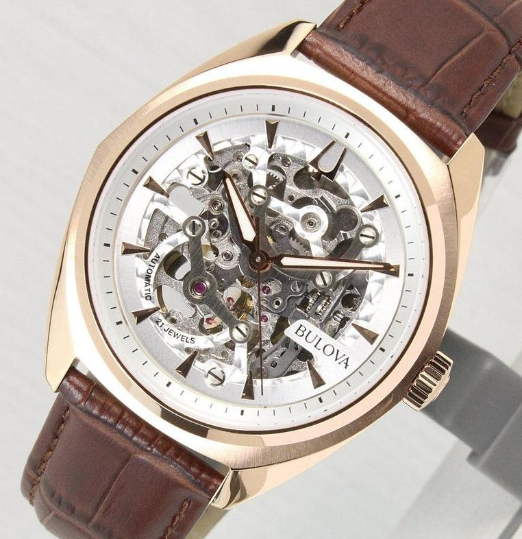 Bulova Surveyor Automatic Rose Gold Case Brown Leather Band Watch 97A175