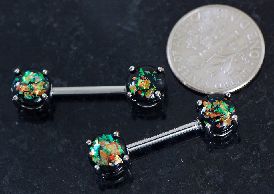 Par de anillos para pezones 14 g 9/16" (14 mm) de acero quirúrgico verde oscuro ópalo brillo Foto 3 de 3