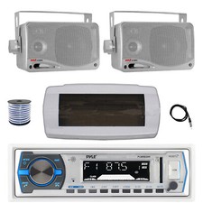 Pyle Bluetooth Marine Receiver,Cover, Antenna,Wire, 2x 3.5'' 200W Silver Speaker