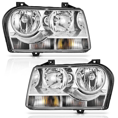 WEELMOTO Pair Headlights For 2005-2010 Chrysler 300 Chrome Halogen with Bulbs