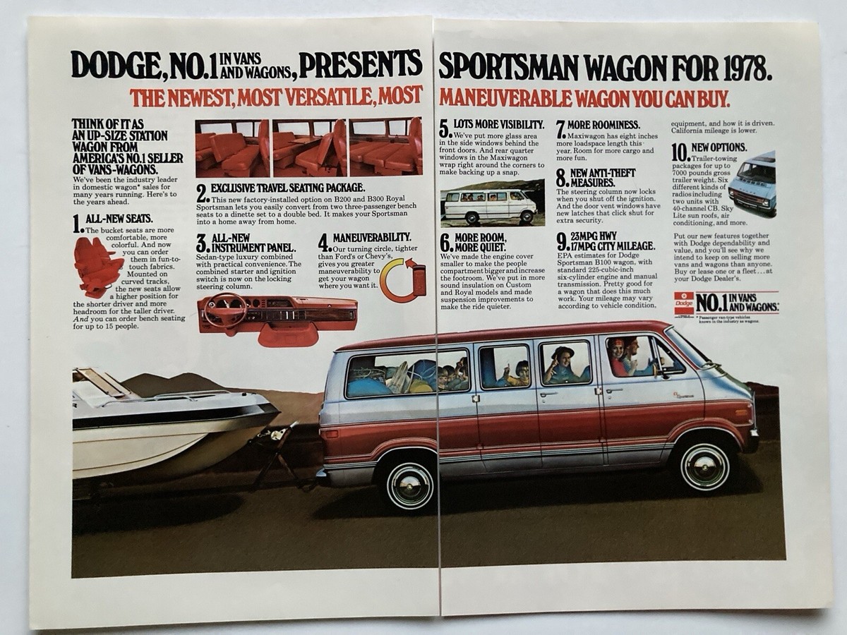 1978 Dodge B100 Sportsman Wagon Van Two Page Print Ad Boat