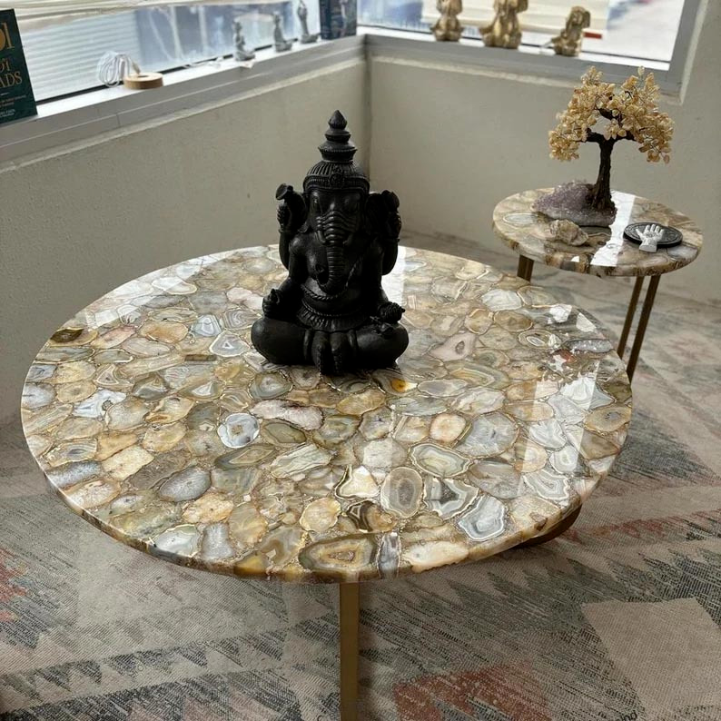 Round Agate Coffee Center Table Top/ Natural Agate Dining Table / Stone Side Top