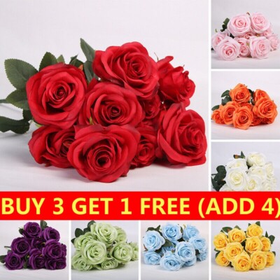 10 Heads Silk Rose Artificial Flowers Fake Bouquet Wedding Home Party ...