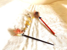 PAIR OF VINTAGE NATIVE AMERICAN FEATHER STICKS COWRY HAIR TALKING CEREMONIAL PEN