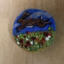 NEEDLE FELT  BROOCH HARE LEAPING IN POPPY MEADOW