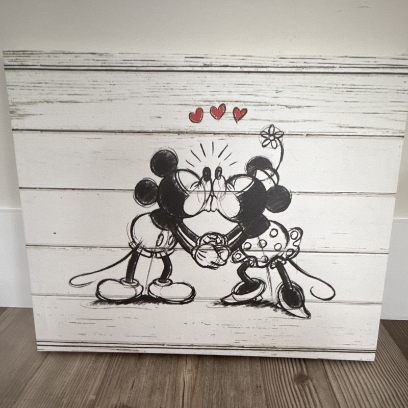 Disney Mickey & Minnie Mouse Kissing Sketch Print with Hearts, Black & White