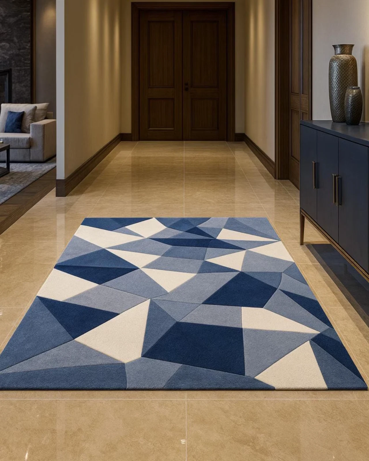 Blue Geometric Rug | Hand-Tufted Wool Carpet | Modern 3D Pattern Living Room