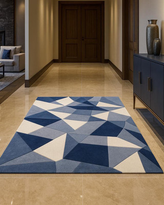 Blue Geometric Rug | Hand-Tufted Wool Carpet | Modern 3D Pattern Living Room