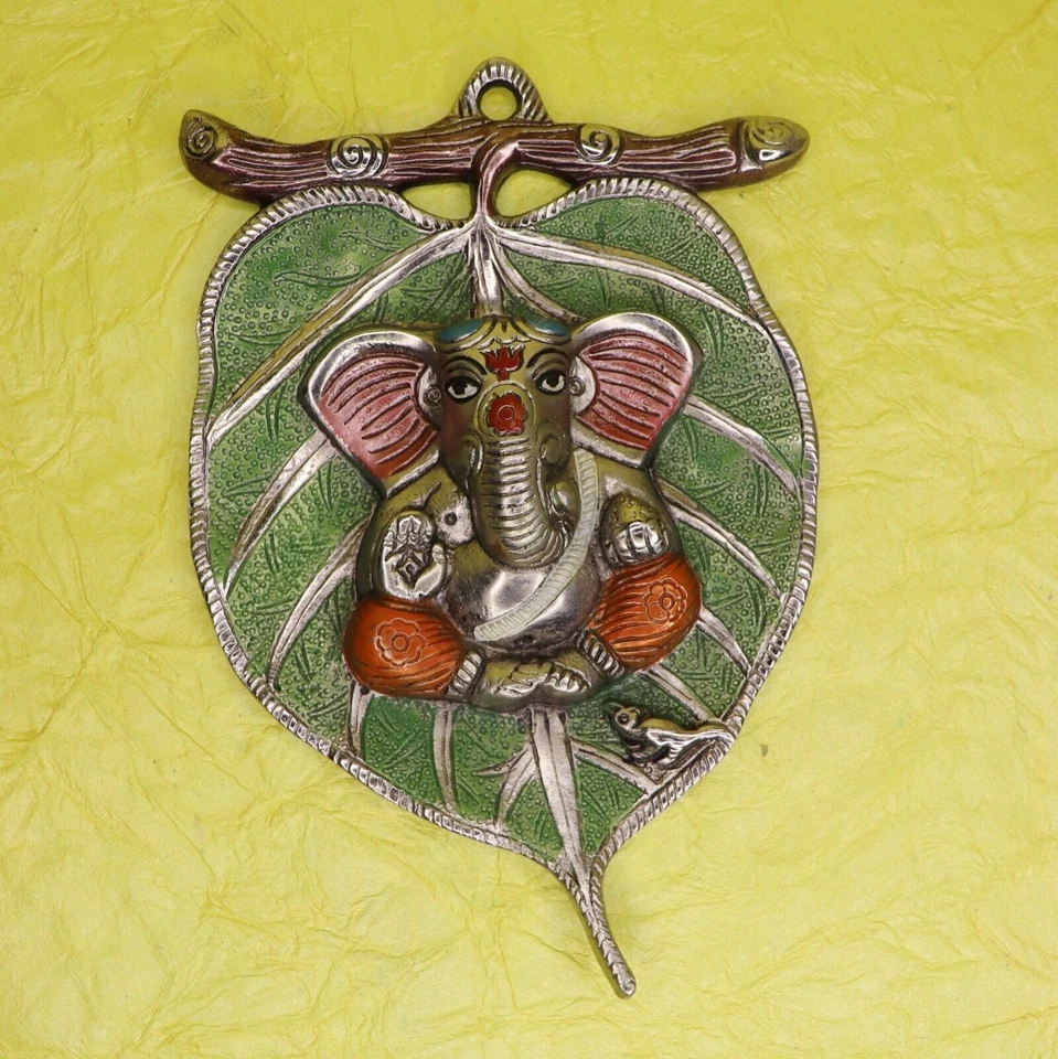 Lord Ganesh On Leaf Wall Decor Mask Statue Home Office Decor Metal Figurine - Bild 2 von 4