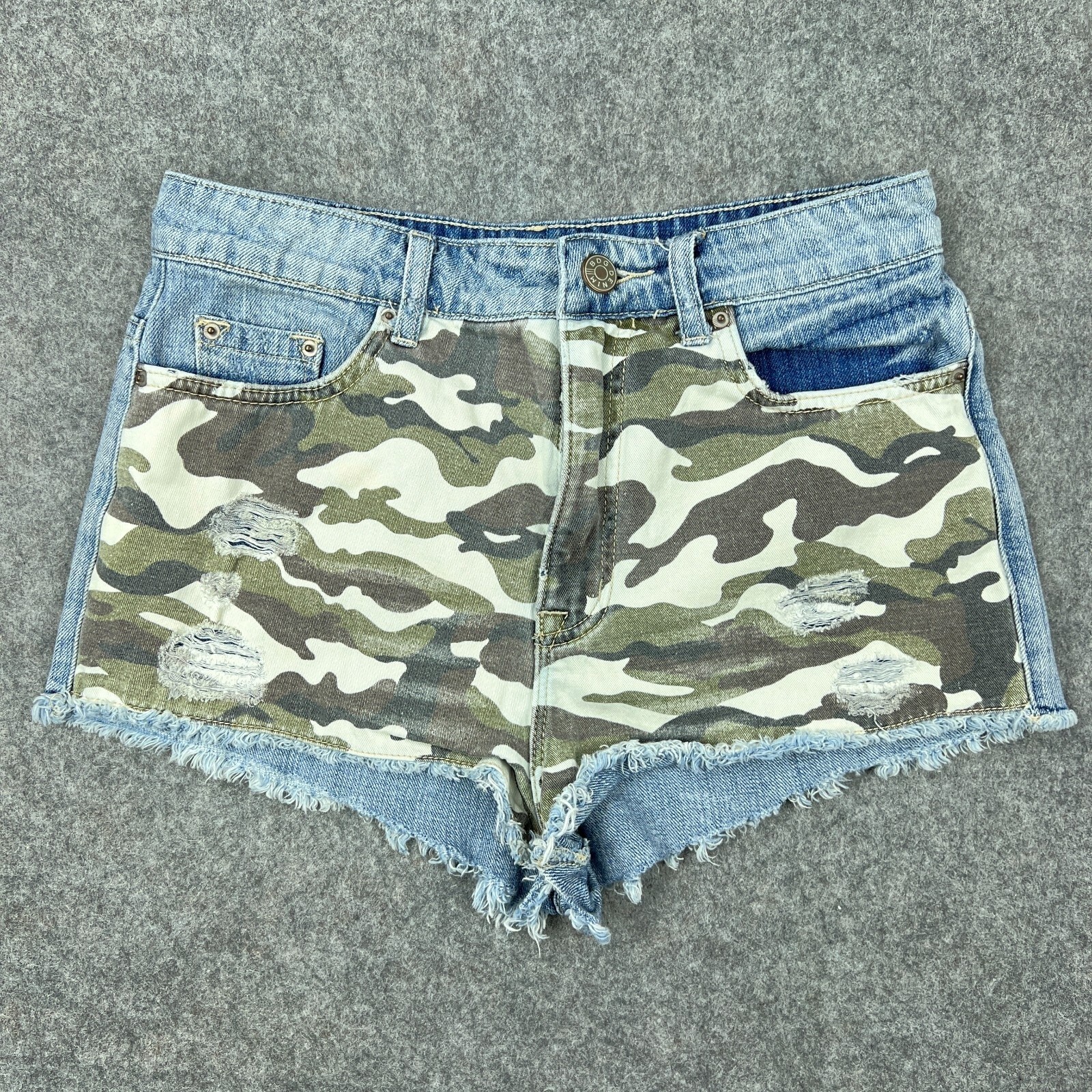 BDG Shorts Womens 28 Blue Camo High Rise Dree Cheeky Frayed Cutoff Denim Jeans