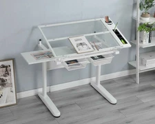 Hand-cranked adjustable drawing table with 2 metal drawers (white) and a stool