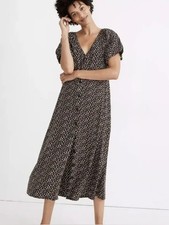Madewell Floral Midi Dress Button Front V Neck Puff Sleeve Slit XS