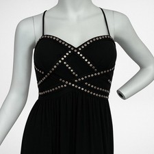 Vtg USA Betsy  Adam Sz8 Black Zip Studded Gown Spaghetti Strap Maxi Prom Formal